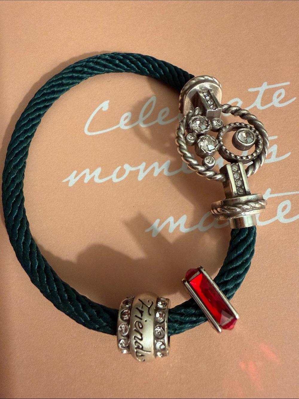 Brighton Teal Rope Bracelet with Silver Charms and Red Crystal